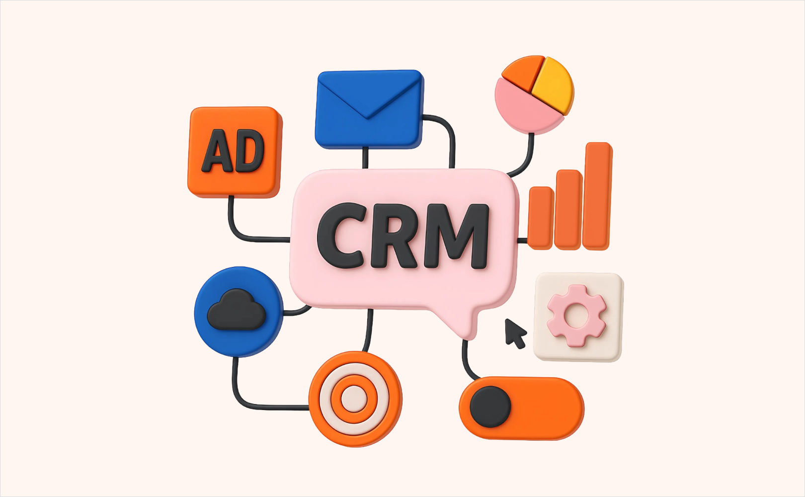 Ілюстрація, що символізує автоматизацію маркетингу за допомогою CRM: маркетолог працює з дашбордом, де видно воронки, аналітику та автоматизовані процеси.